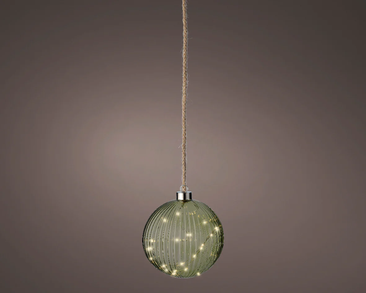 Battery Operated Micro LED Warm White Glass Round Green Ball with Rope Hanger - 14cm