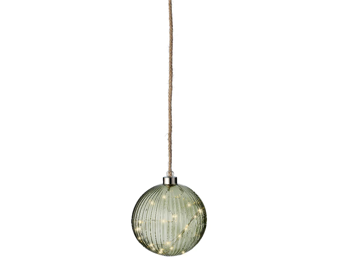 Battery Operated Micro LED Warm White Glass Round Green Ball with Rope Hanger - 14cm - Image 2