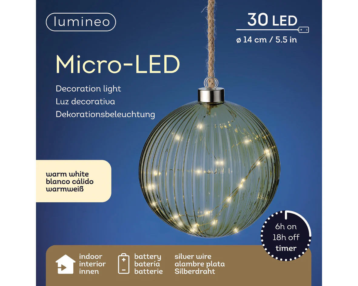 Battery Operated Micro LED Warm White Glass Round Green Ball with Rope Hanger - 14cm - Image 3