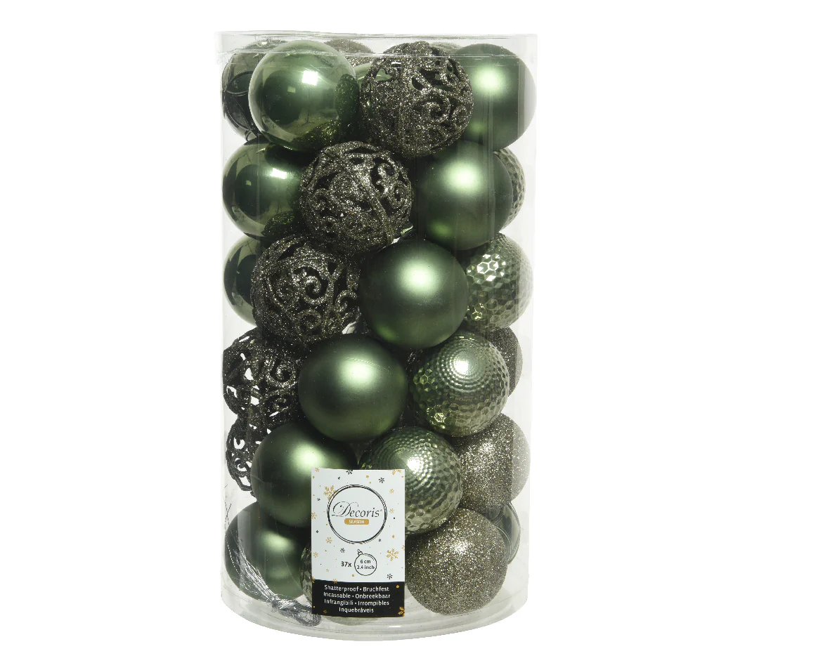 Moss Green Mixed Tube of 37 Shatterproof Baubles