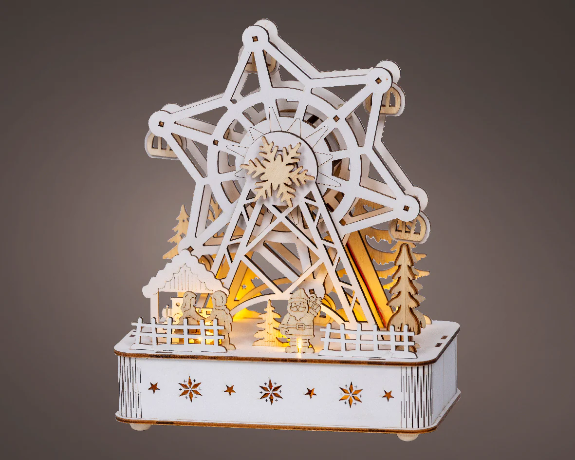 Natural Wood Warm White Light Up Star Ferris Wheel