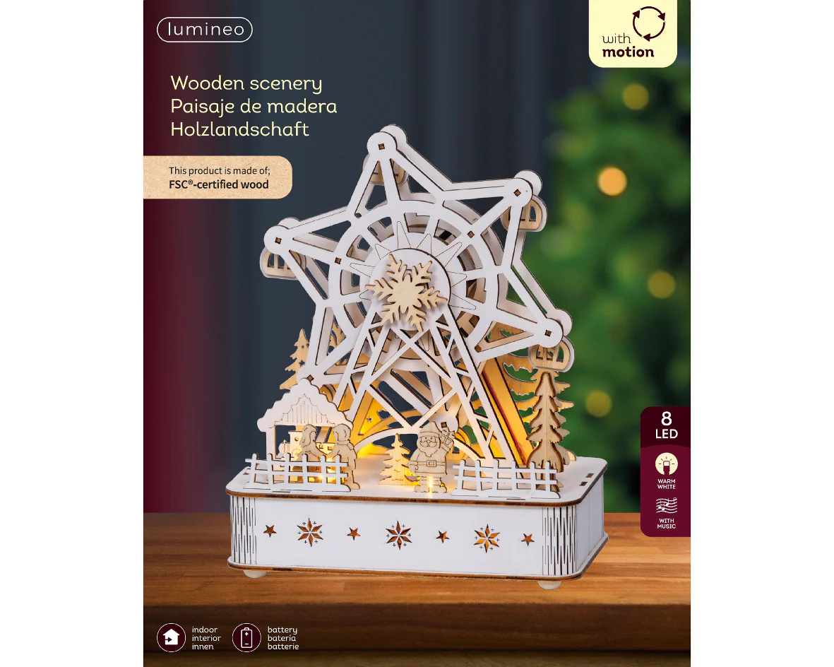 Natural Wood Warm White Light Up Star Ferris Wheel - Image 3
