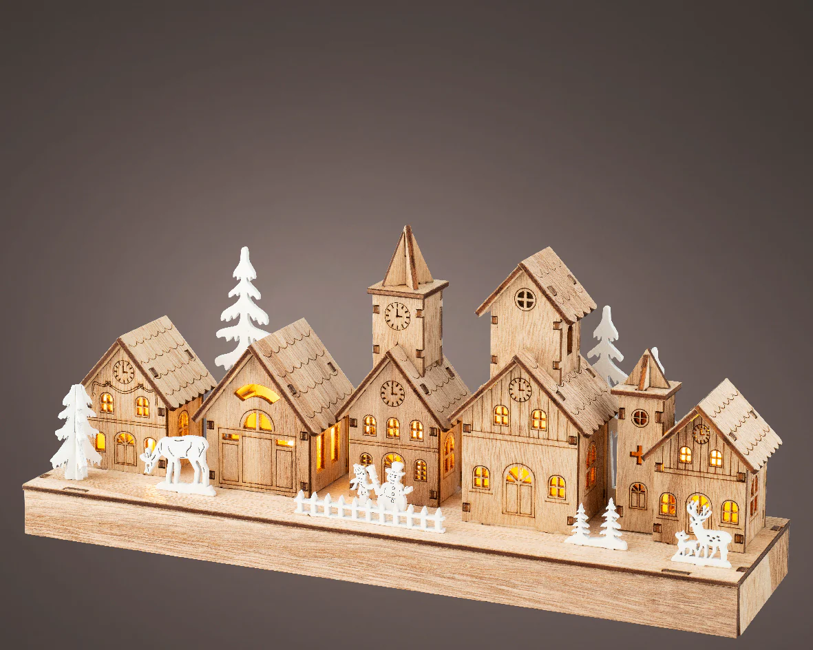 Natural Wood Warm White Light Up Village Street