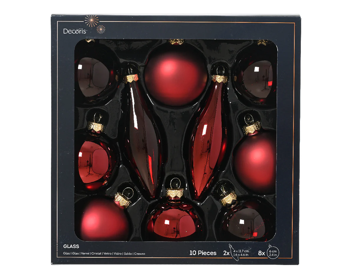 Oxblood Assorted Shaped Glass Baubles - Box of 10