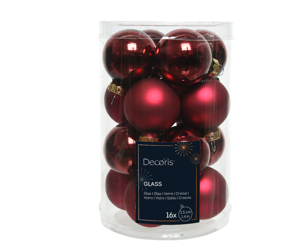 Oxblood Red Glass Baubles in Shiny & Matte Finish 3.5cm - Box of 16
