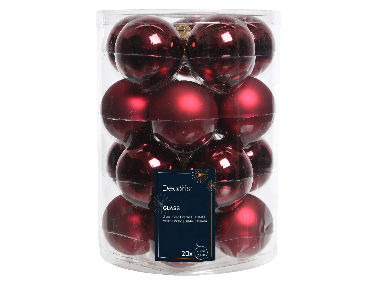 Oxblood Red Glass Baubles in Shiny & Matte Finish 6cm - Box of 20