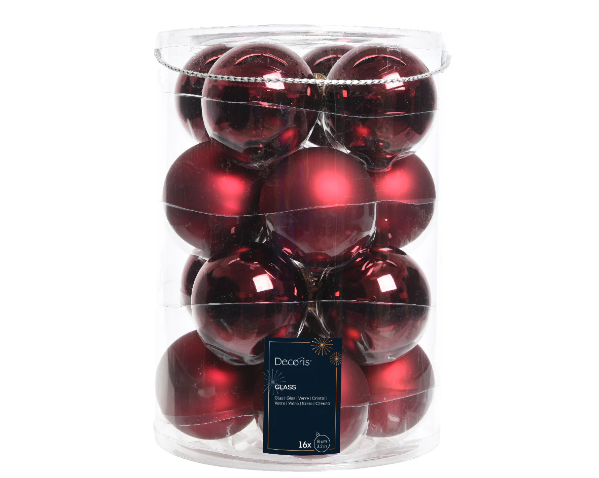 Oxblood Red Glass Baubles in Shiny & Matte Finish 8cm - Box of 16