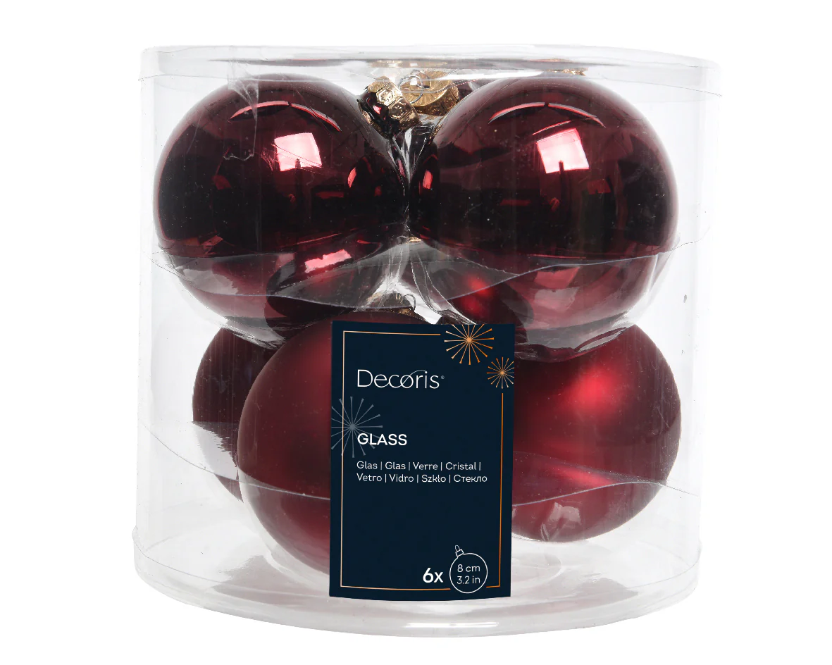 Oxblood Red Glass Baubles in Shiny & Matte Finish 8cm - Box of 6
