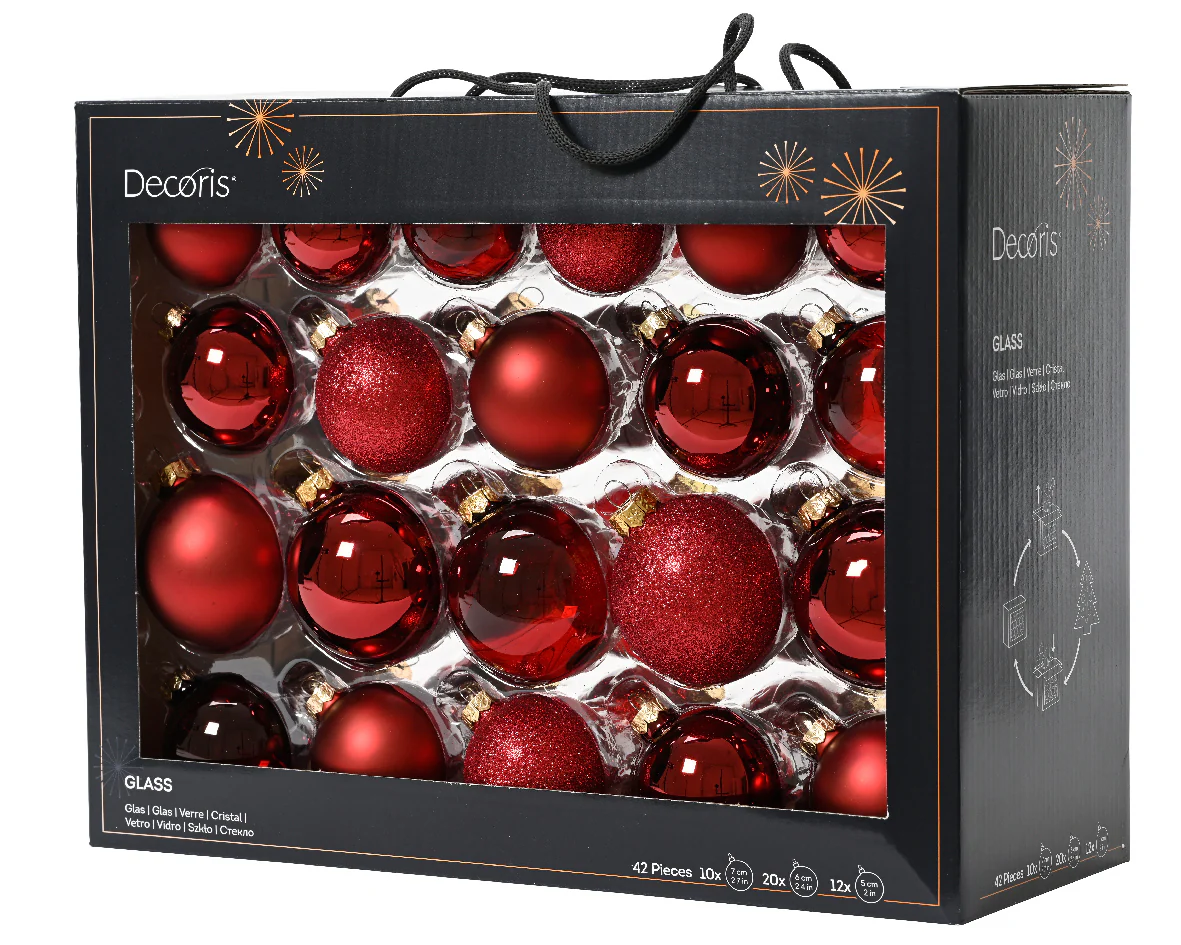 Box of 42 Oxblood Dark Red Glass Christmas Baubles