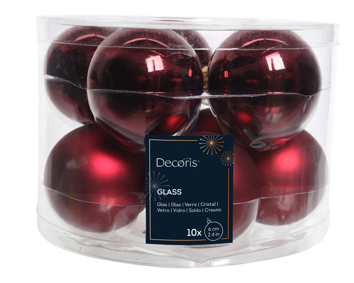 Oxblood Red Mixed Shiny and Matt 6cm Glass Baubles - Tube of 10