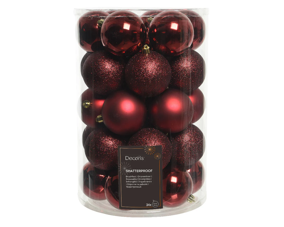 Oxblood Red Shatterproof Matt, Shiny and Glitter Assorted Baubles - Tube of 34