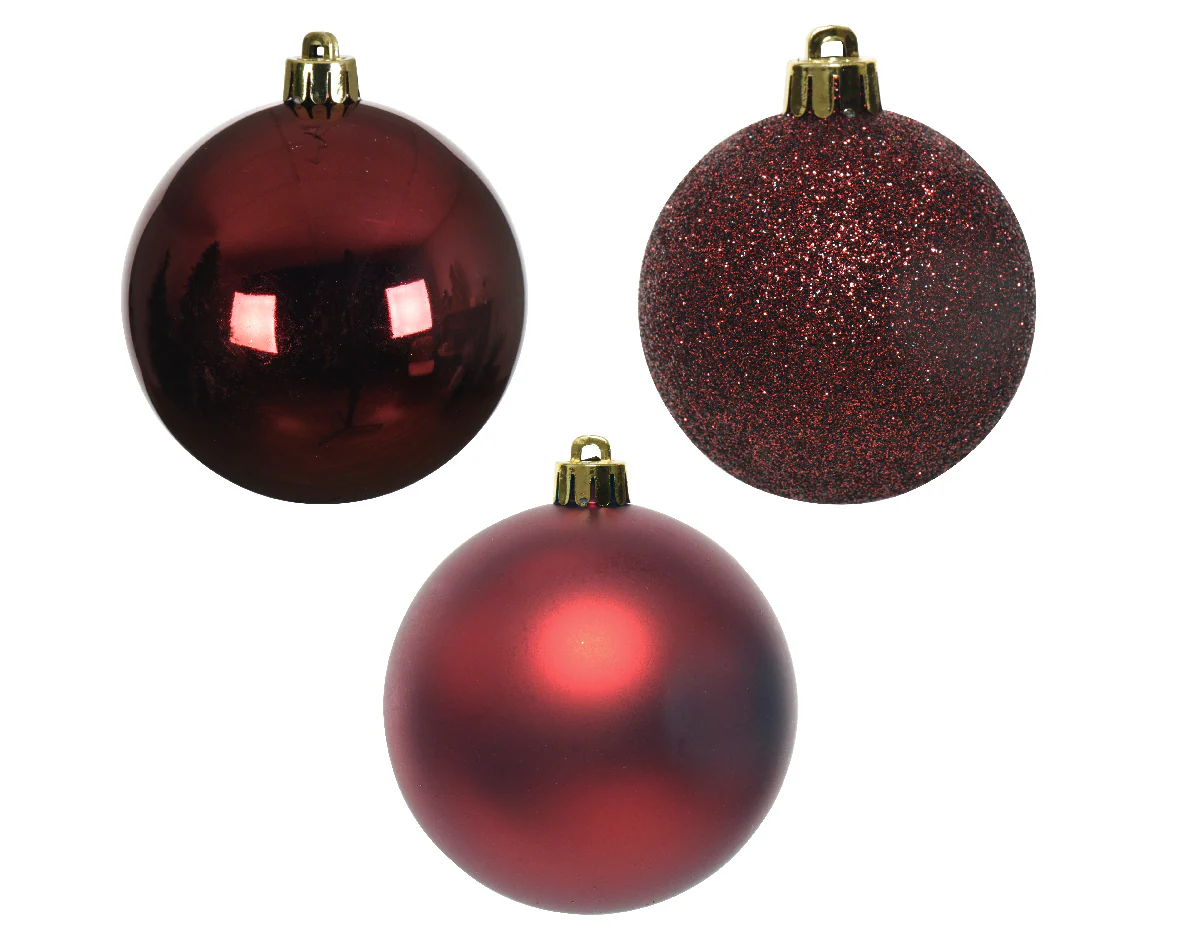 Oxblood Red Shatterproof Matt, Shiny and Glitter Assorted Baubles - Tube of 34 - Image 2