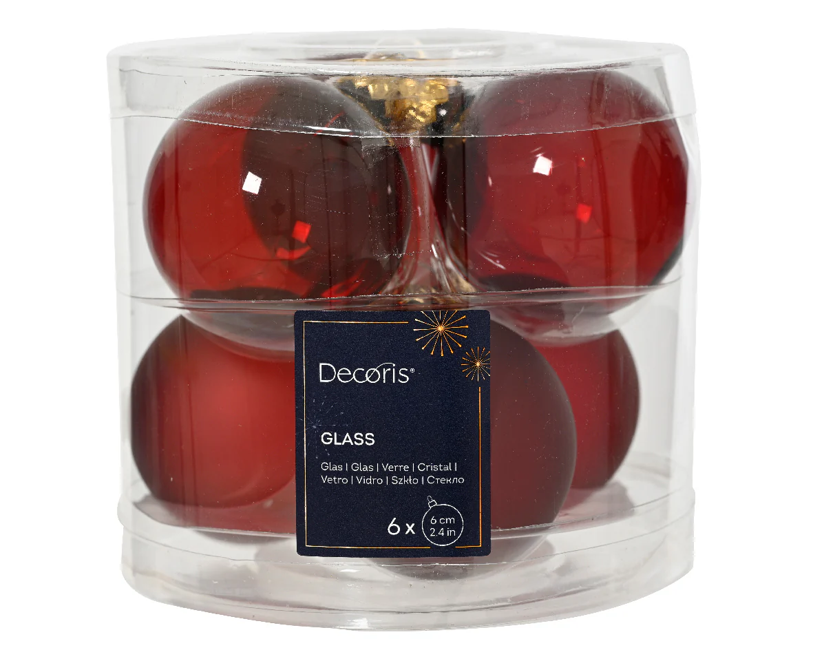Oxblood Dark Red Transparent Glass Baubles Shiny & Matte 6cm - Box of 6