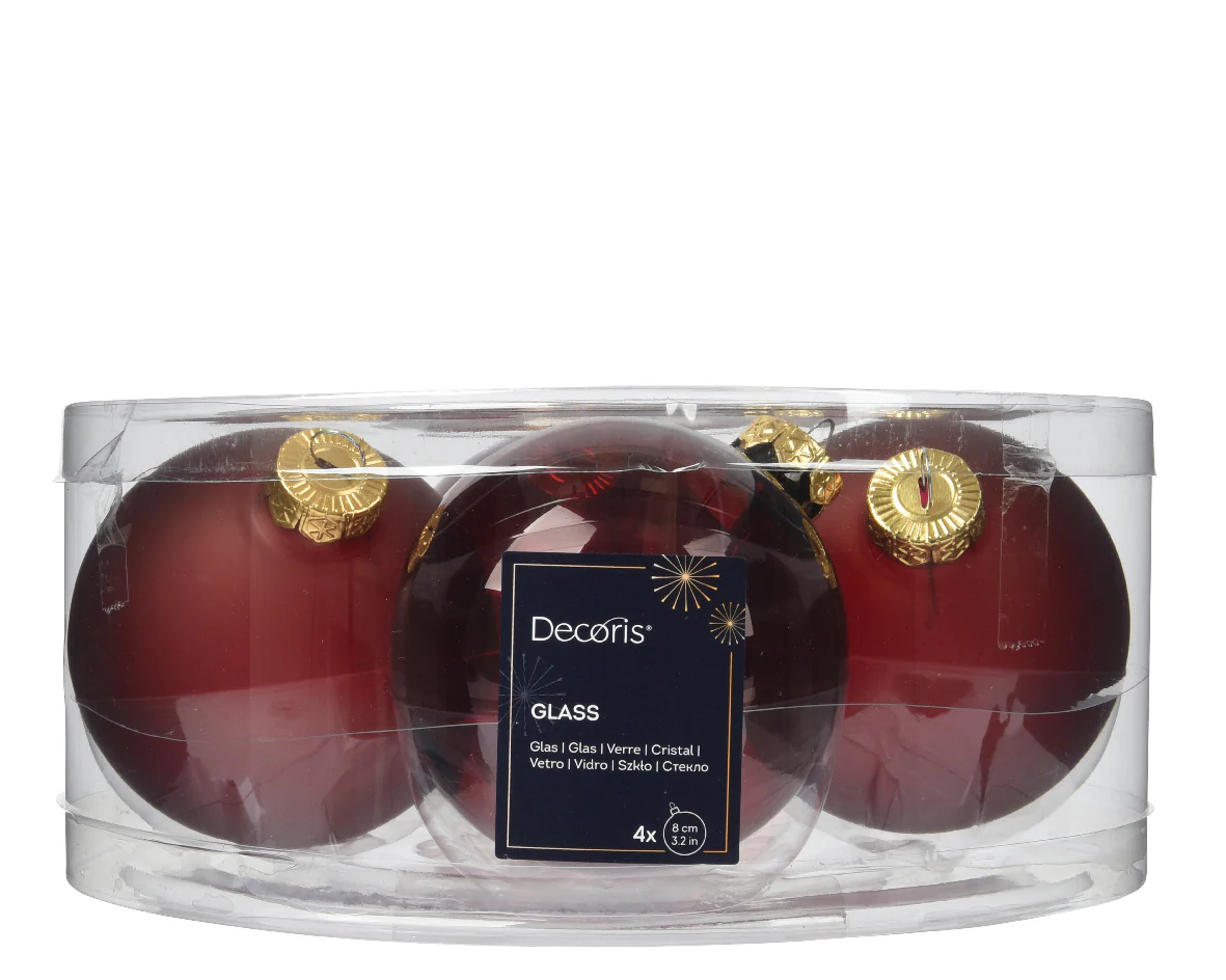 Oxblood Dark Red Transparent Glass Baubles Shiny & Matte 8cm - Box of 4