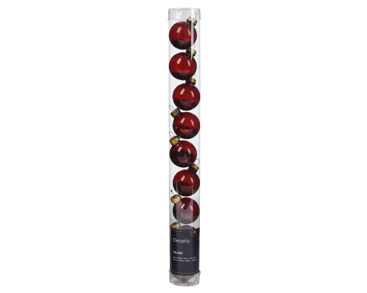 Oxblood Red Transparent Glass Baubles with Star Sequins - Box of 9