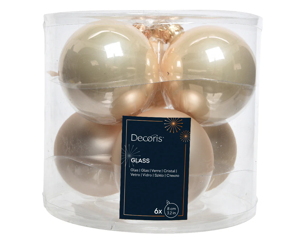 Pearl Mixed Matt and Shiny 8cm Glass Baubles - Tube of 6