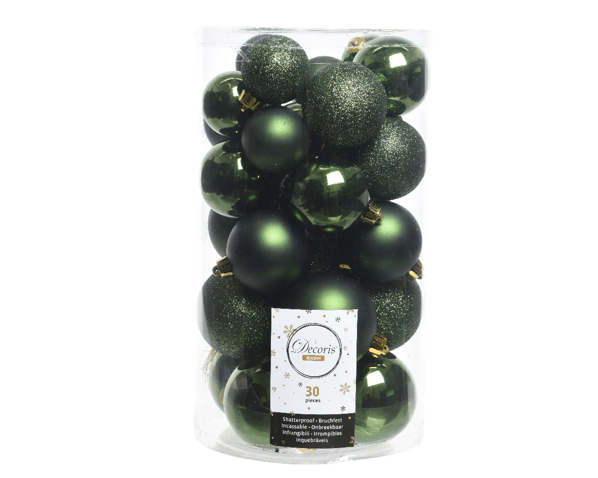 Pine Green Shatterproof Assorted Sized Christmas Baubles - Tube of 30