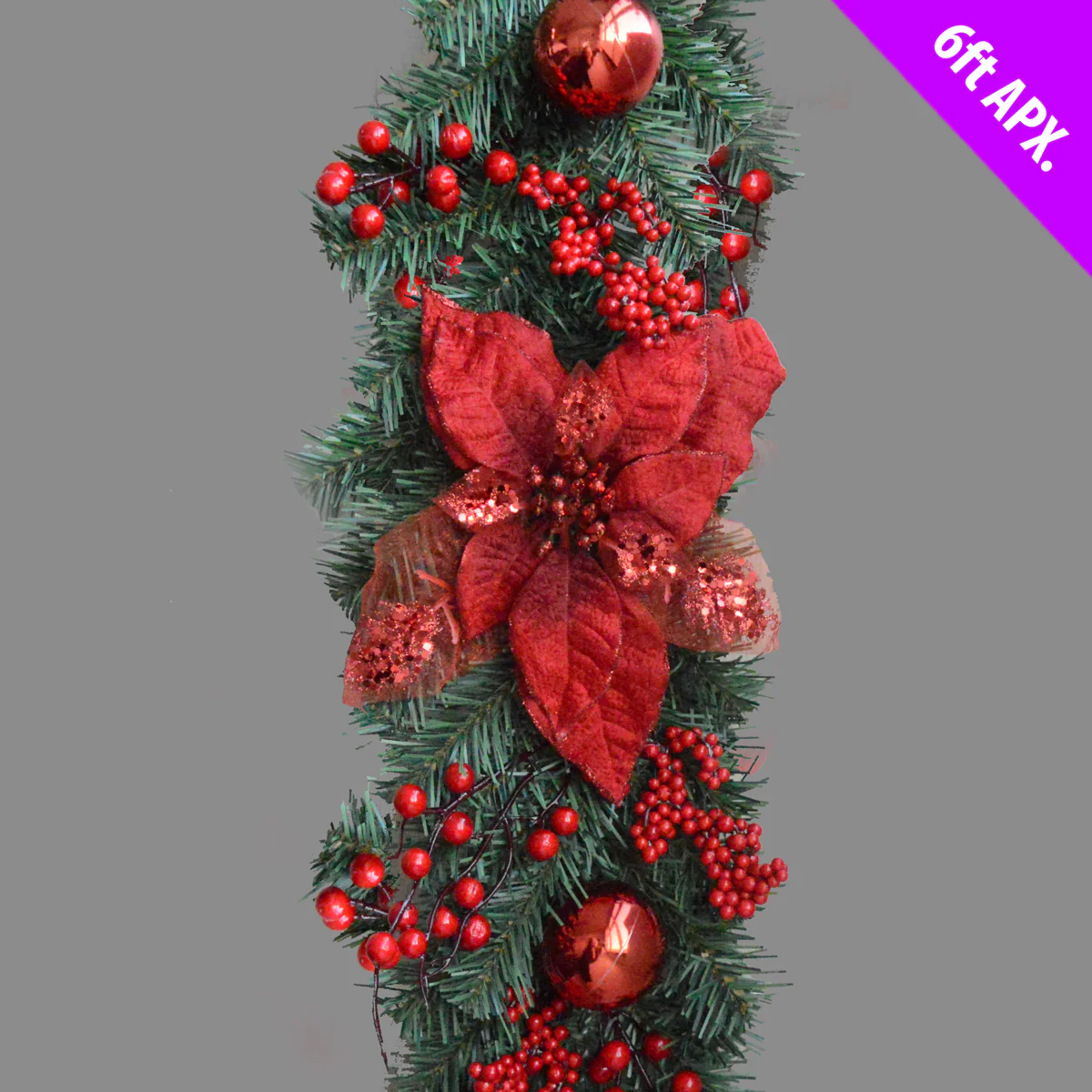 Poinsettia and Berry Pre Decorated Garland - 6ft