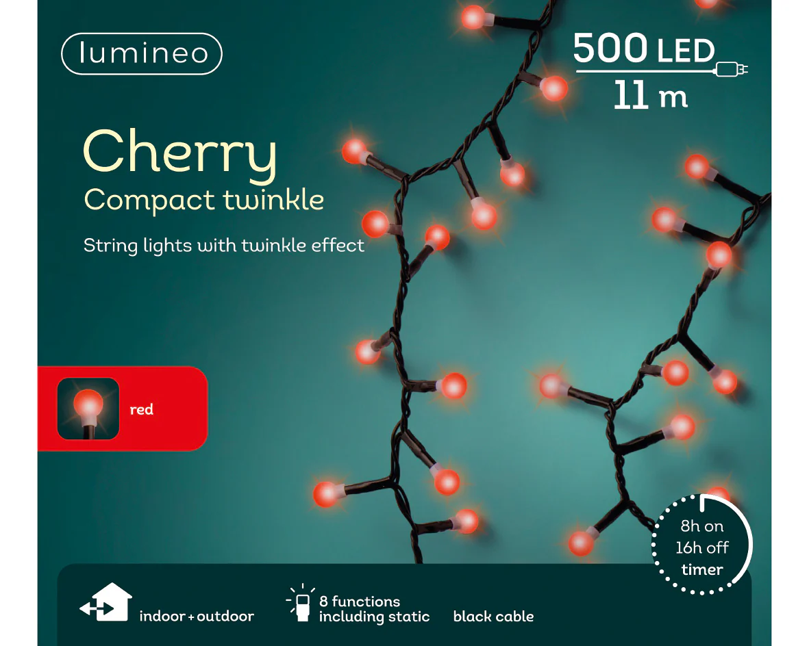 Lumineo Red LED Cherry Compact Twinkle Outdoor Lights with 11m Black Cable - 500 LEDs - Image 3