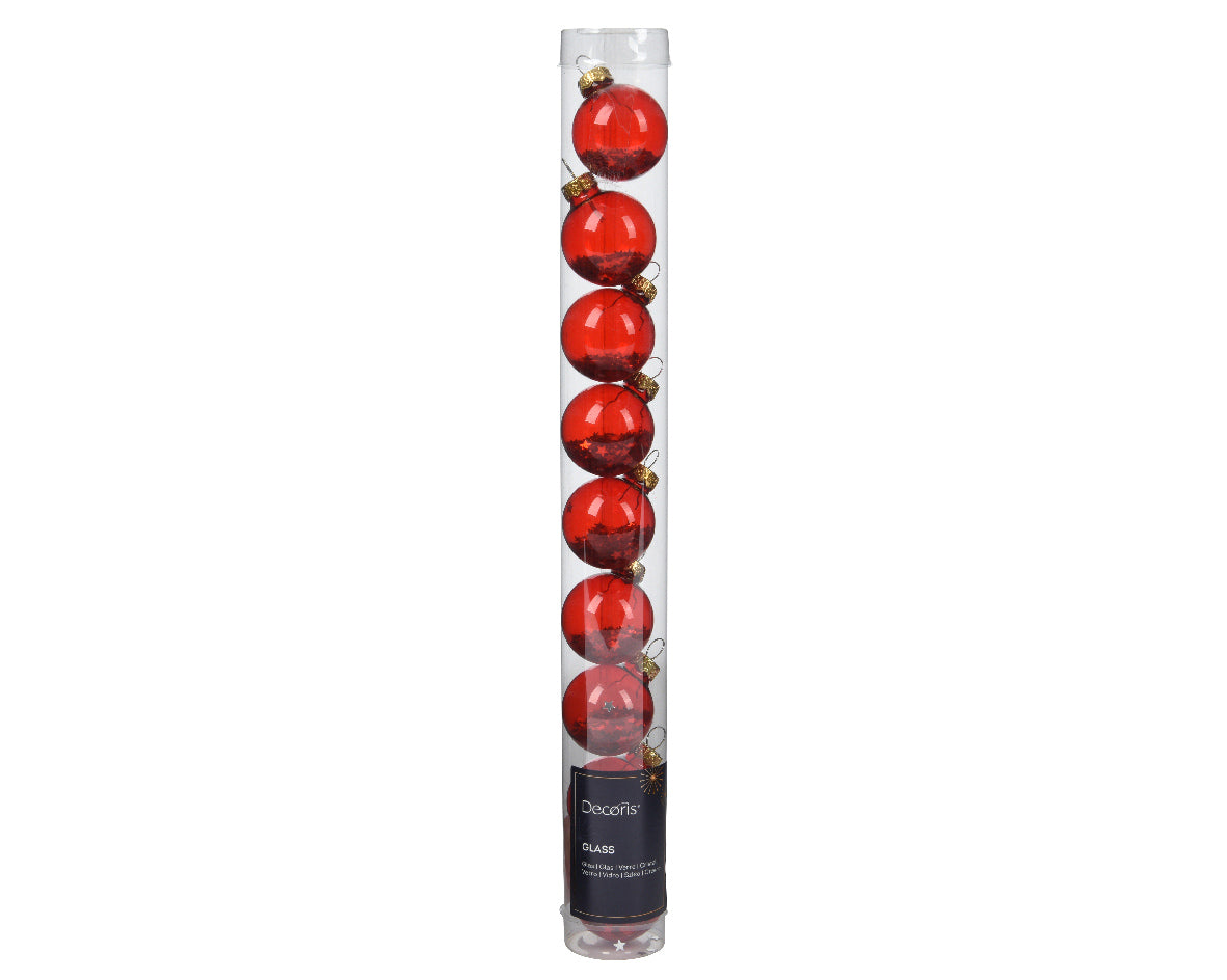 Red Transparent Glass Baubles with Star Sequins - Box of 9