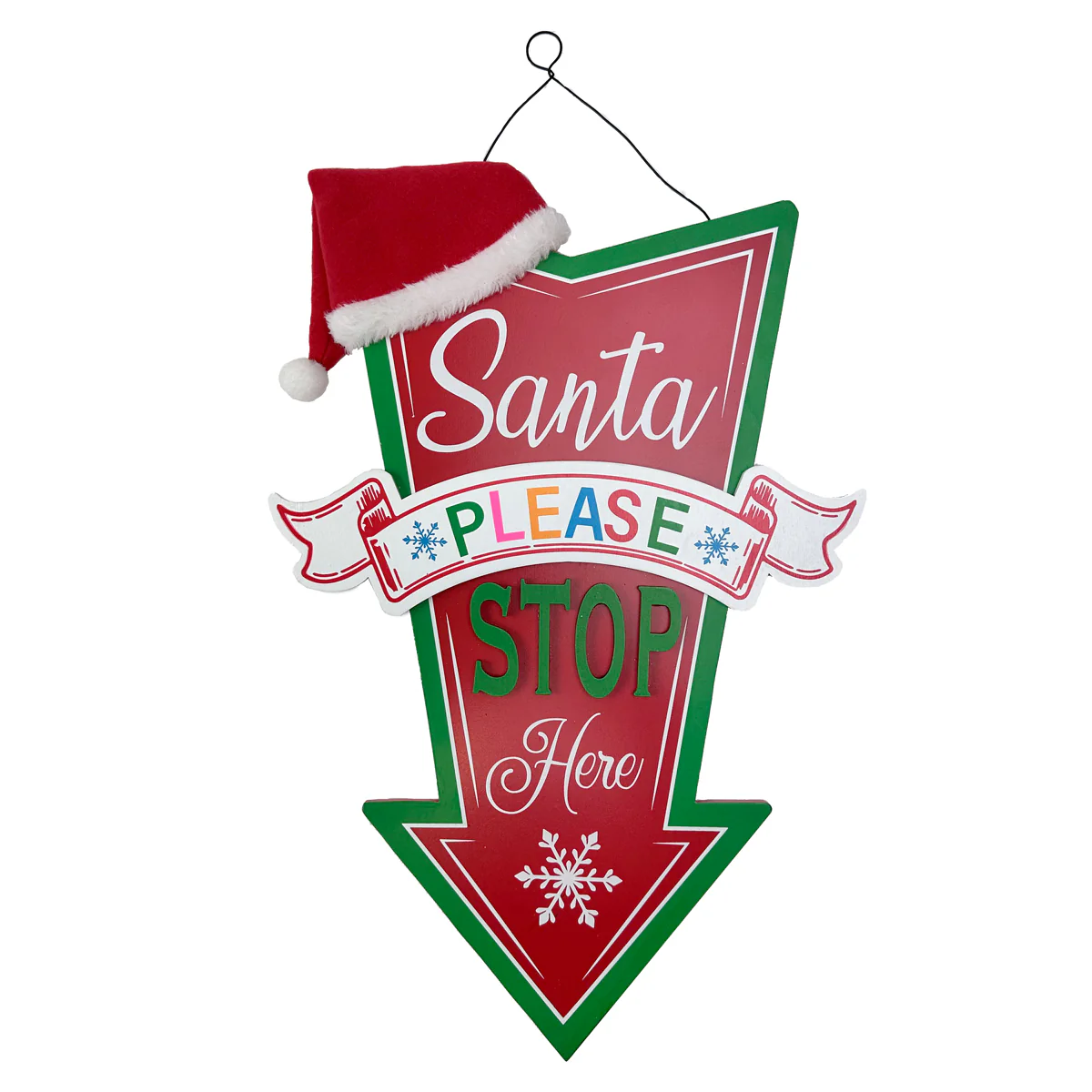 Santa Stop Here Hanging Sign with Hat Detail - 40cm