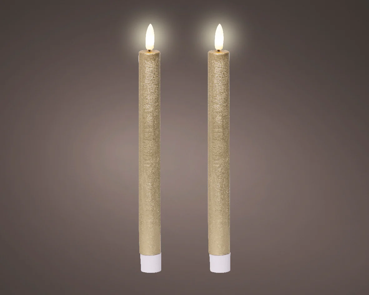 Set of 2 LED Gold Wax Dinner Candles with Flame Effect