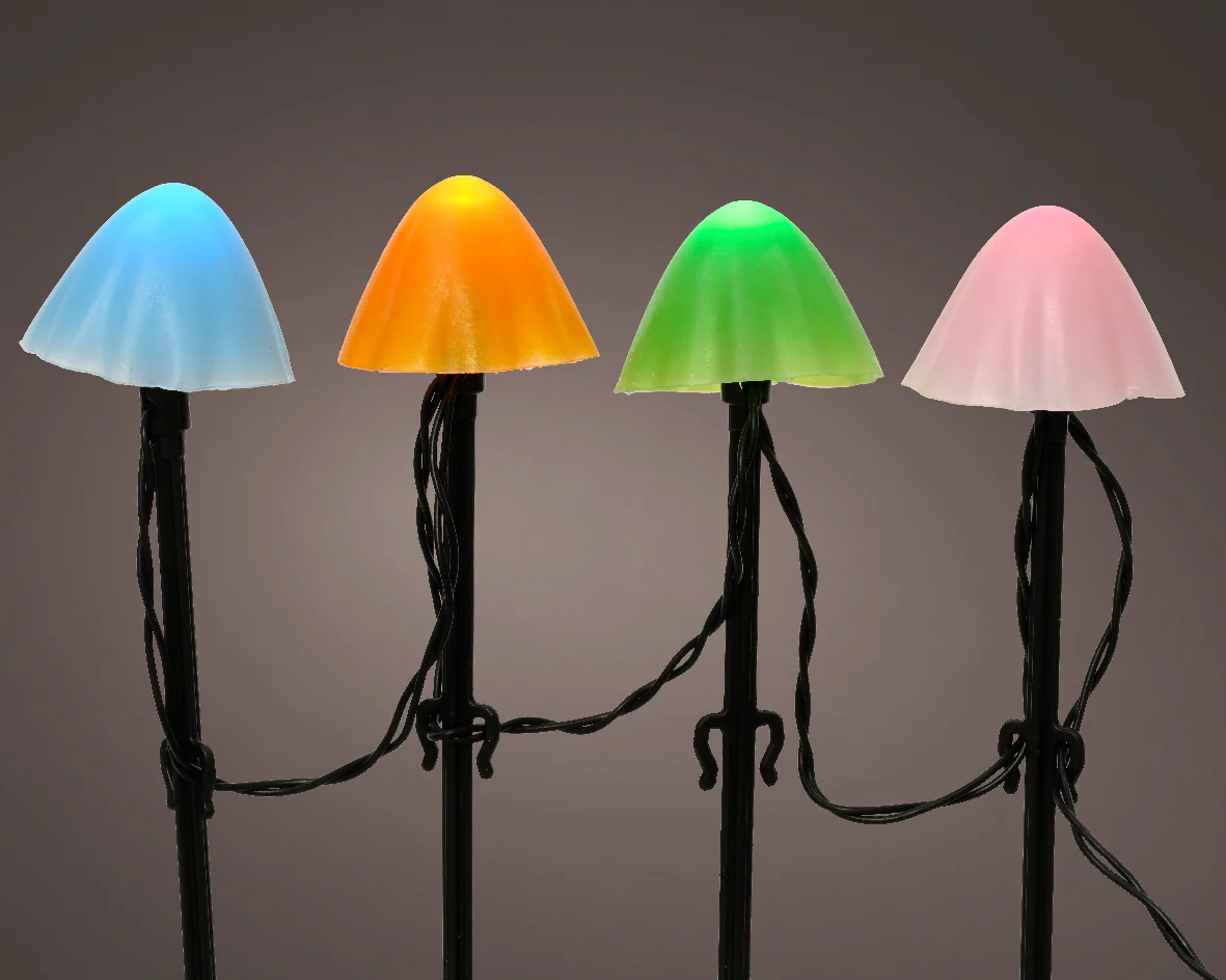 Set of 20 Battery Operated Multicoloured LED Mushroom Stake Lights - Outdoor
