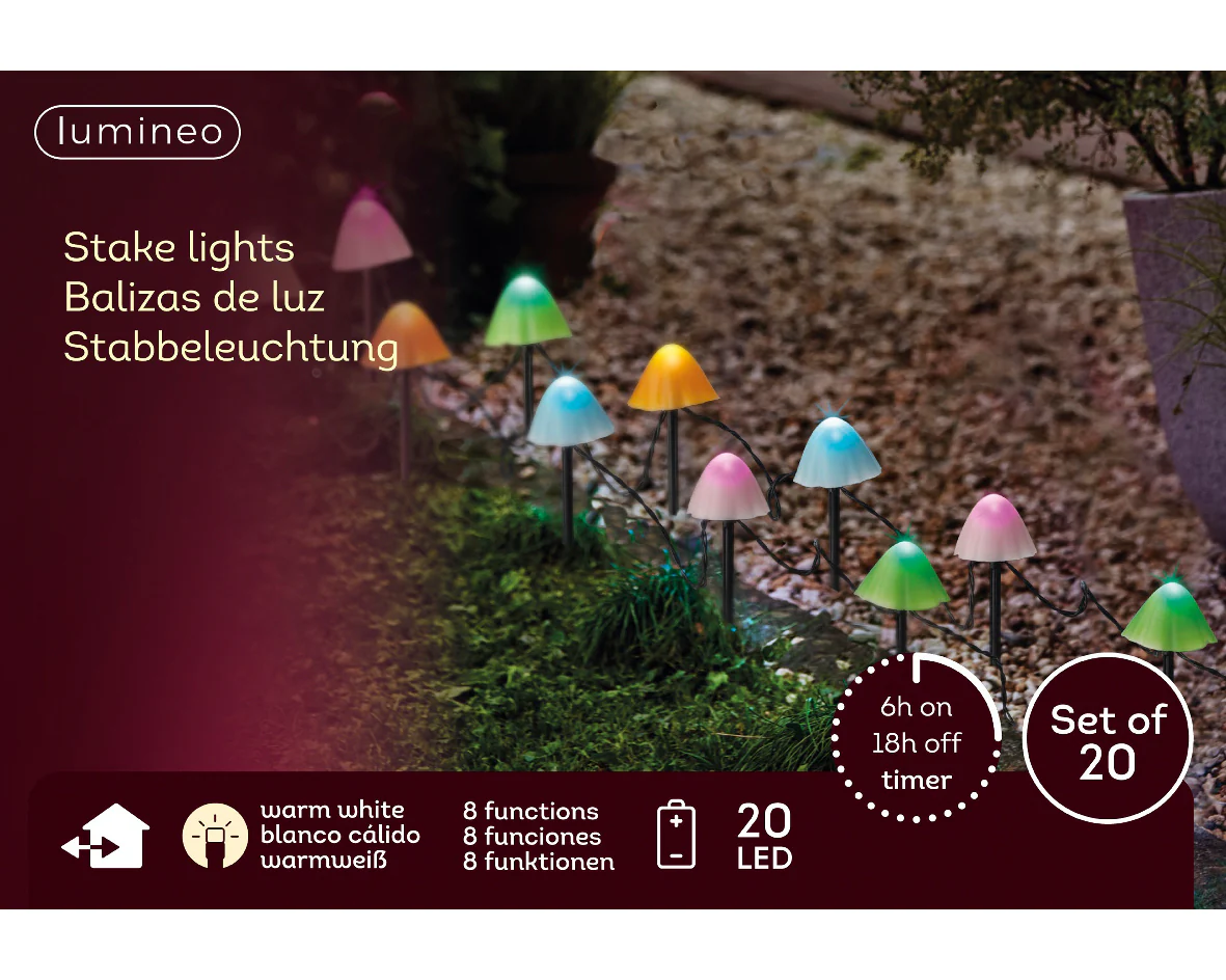Set of 20 Battery Operated Multicoloured LED Mushroom Stake Lights - Outdoor - Image 2