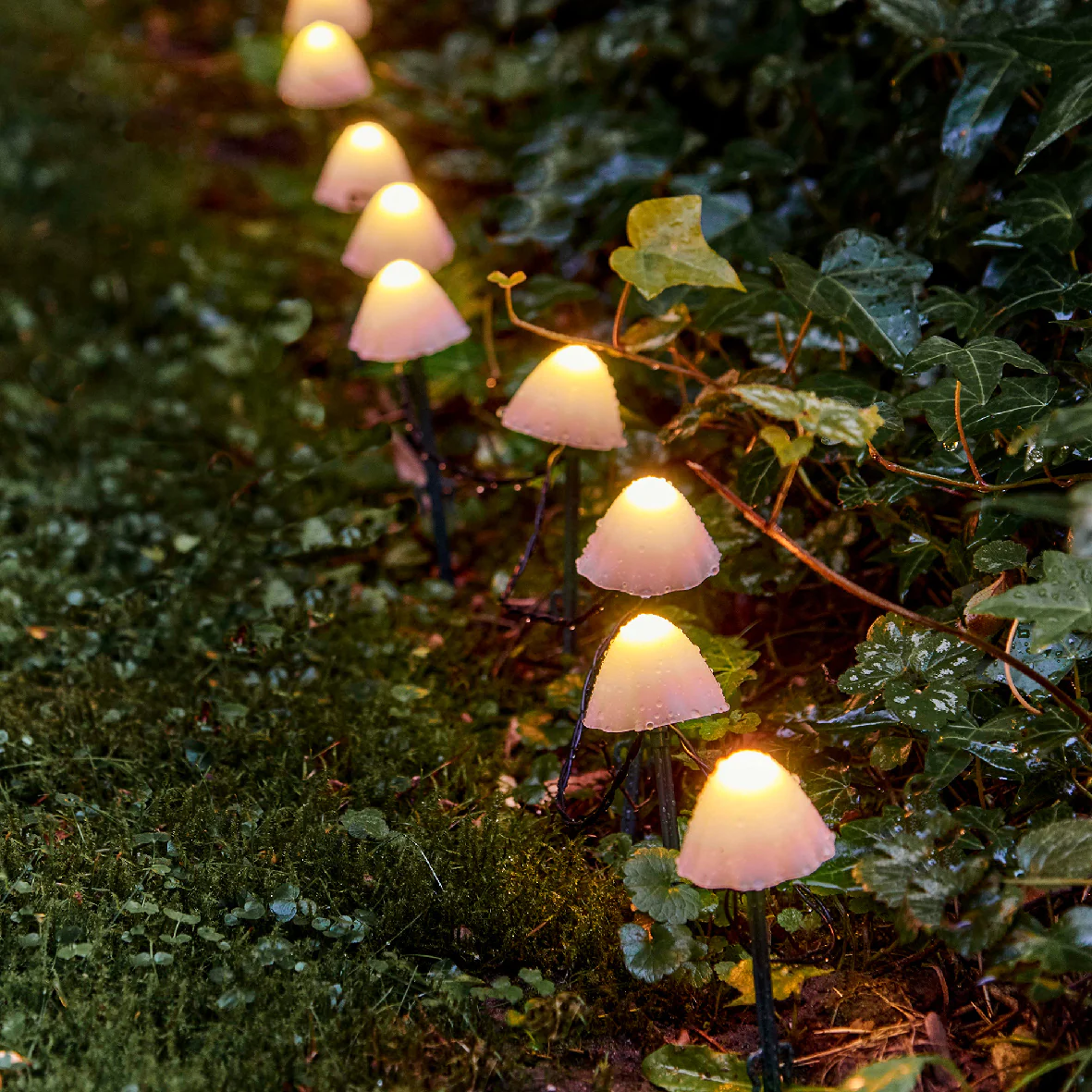 Set of 20 Battery Operated Warm White LED Mushroom Stake Lights - Outdoor
