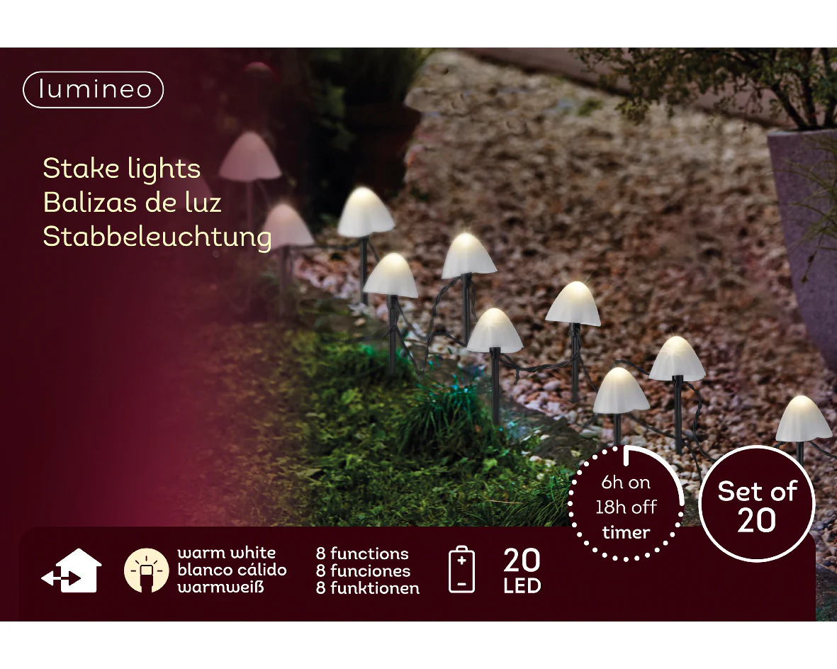 Set of 20 Battery Operated Warm White LED Mushroom Stake Lights - Outdoor - Image 4