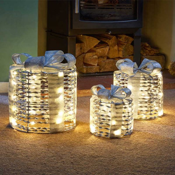 Silver GlitterTwist Christmas Light Up Gift Boxes Set of 3 - 45 LEDs - Battery Operated