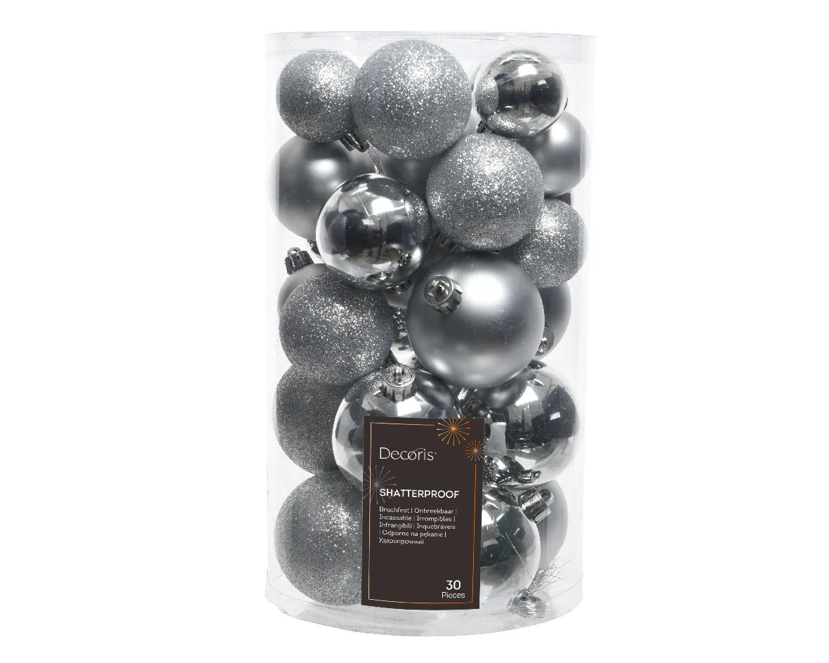 Silver Shatterproof Glitter, Matt, Shiny Mix Baubles - Tube of 30