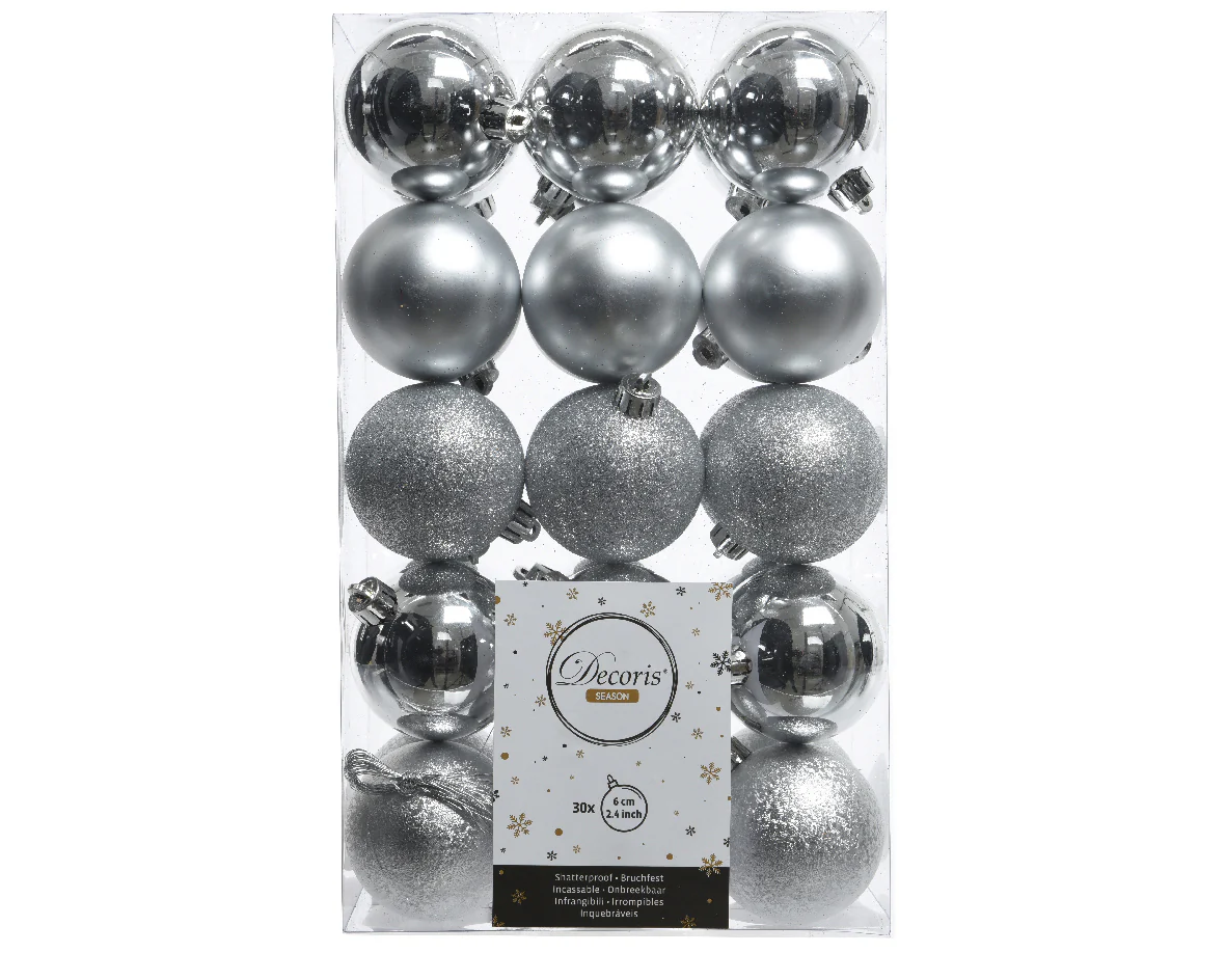 Silver Shatterproof Glitter, Matt, Shiny, Velvet Mix Baubles - Box of 30