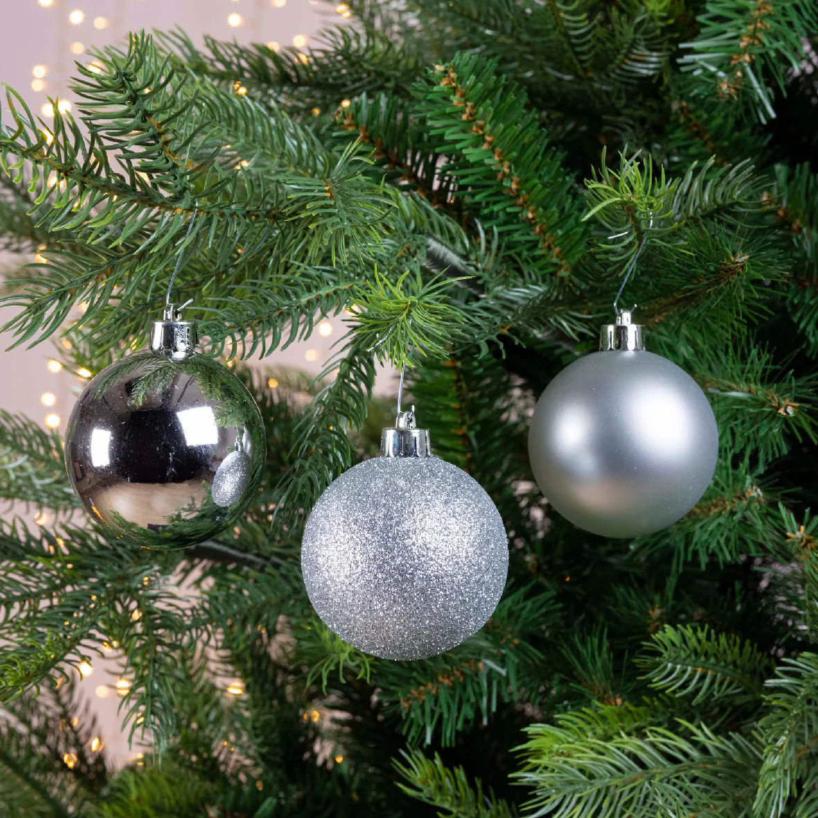 Silver Shatterproof Glitter, Matt, Shiny, Velvet Mix Baubles - Box of 30 - Image 2