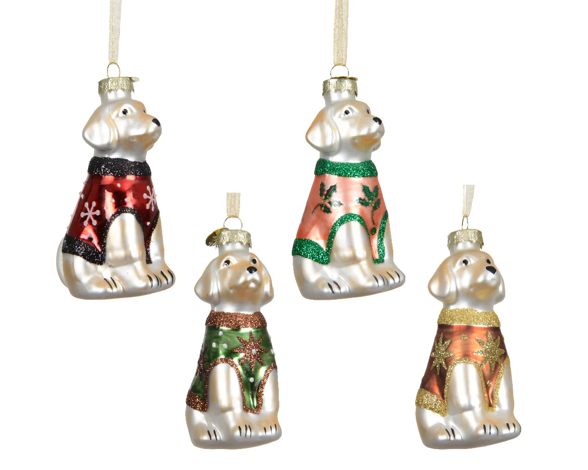 Sitting Dog in Jumper Glass Christmas Bauble