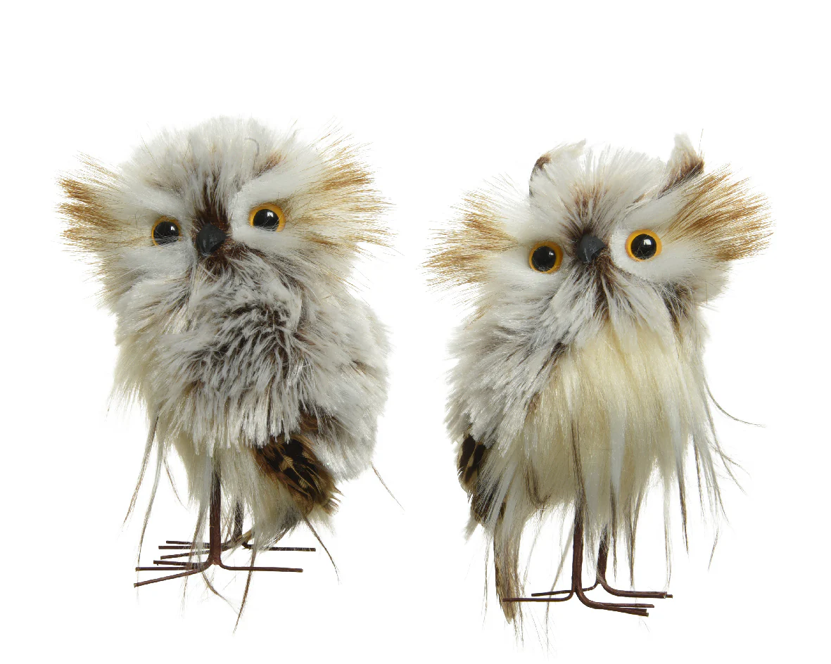 Snowy White and Grey Glittery Owl Decoration with Feathers