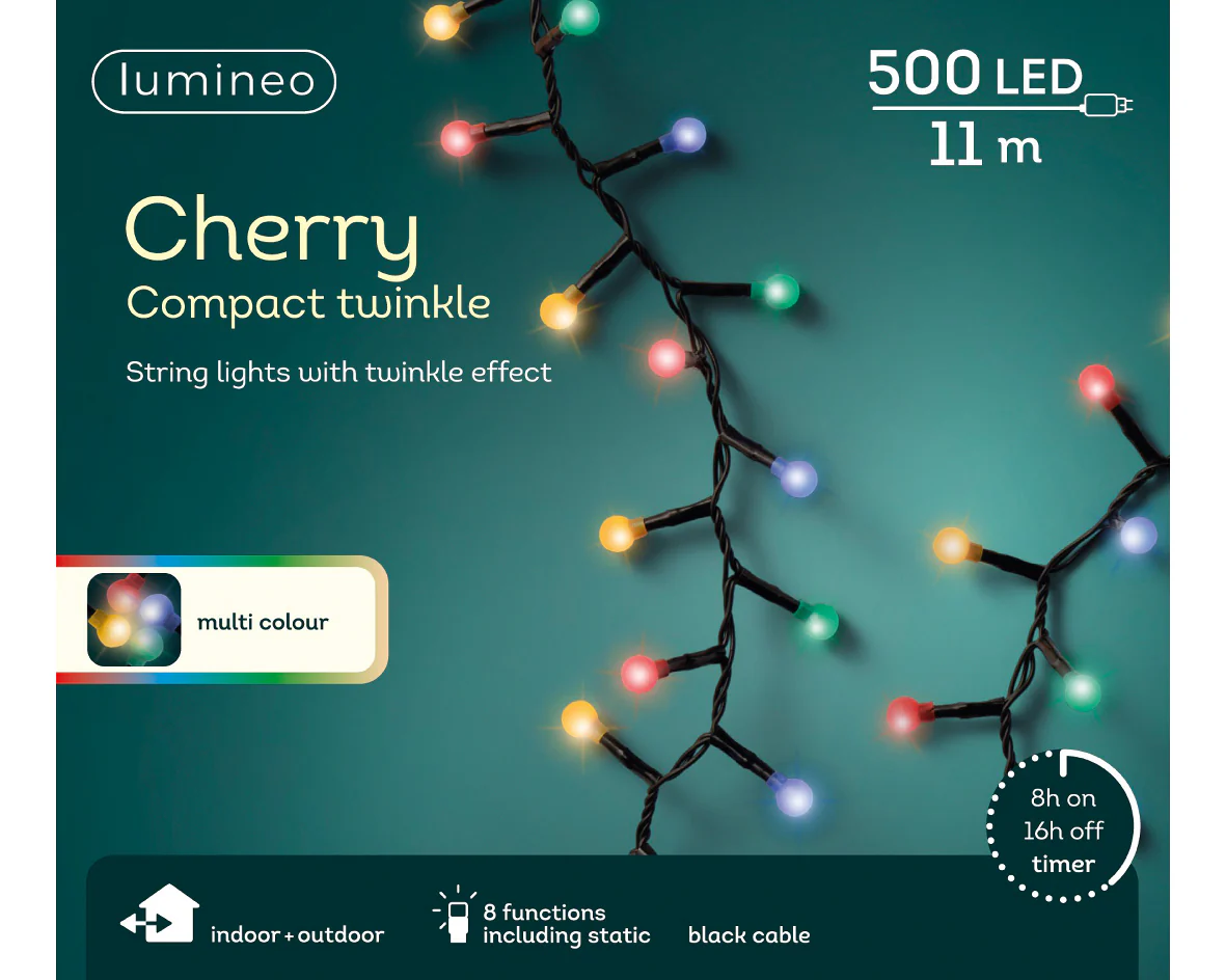 Soft Multicoloured LED Cherry Compact Twinkle Outdoor Lights with 11m Black Cable - 500 LEDs - Image 4