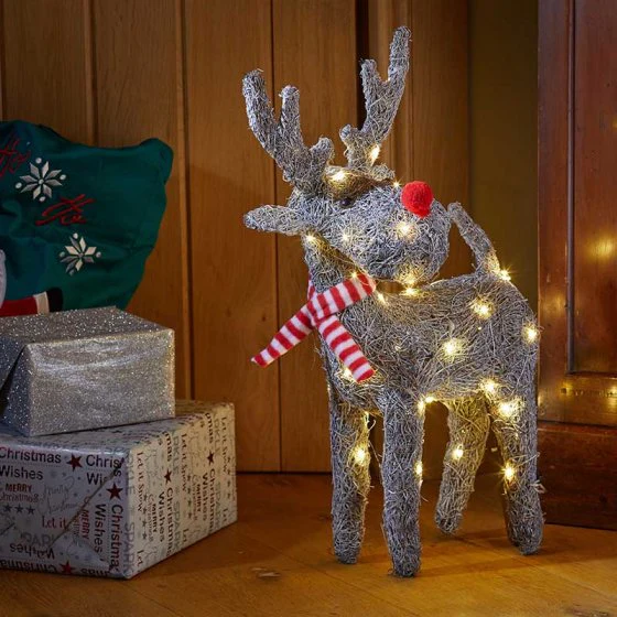 Sparkly LED Light Up Grey / White Rattan Christmas Reindeer - Image 3
