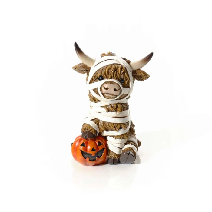 Spooktacular Resin Highland Cow Mummy With Pumpkin Ornament
