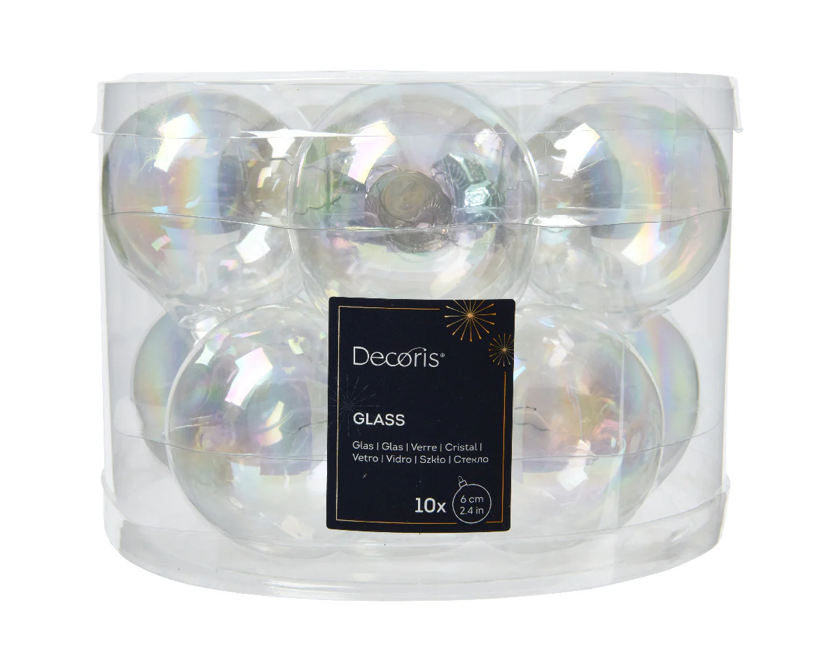Transparent Iridescent Tube of 10 Glass Baubles 6cm