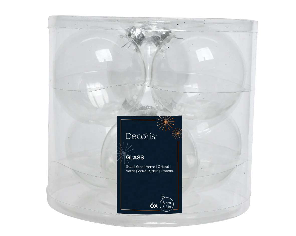 Transparent Shiny 8cm Glass Baubles - Tube of 6