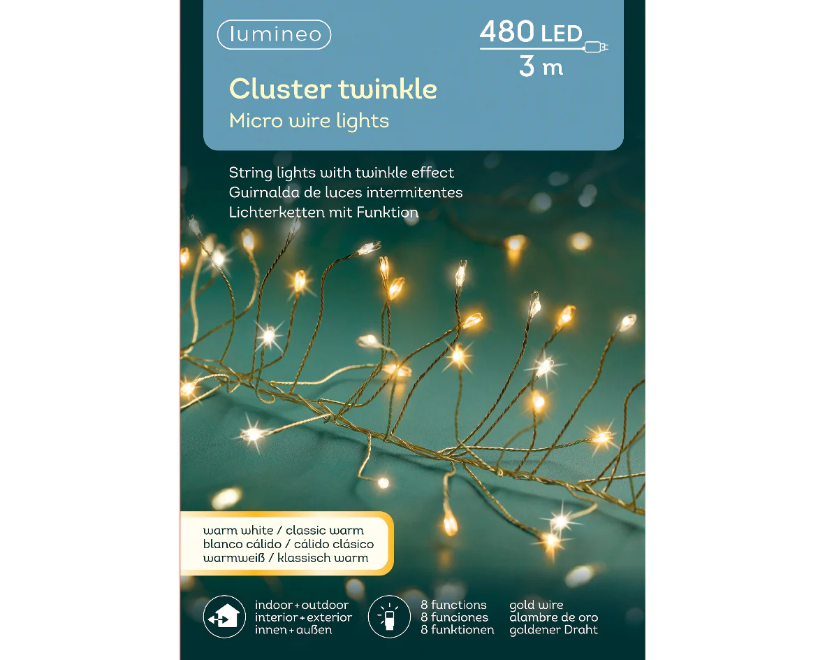 Warm White/Classic White Micro LED Cluster Twinkle Lights with 3m Gold Cable - 480 LEDs - Image 3
