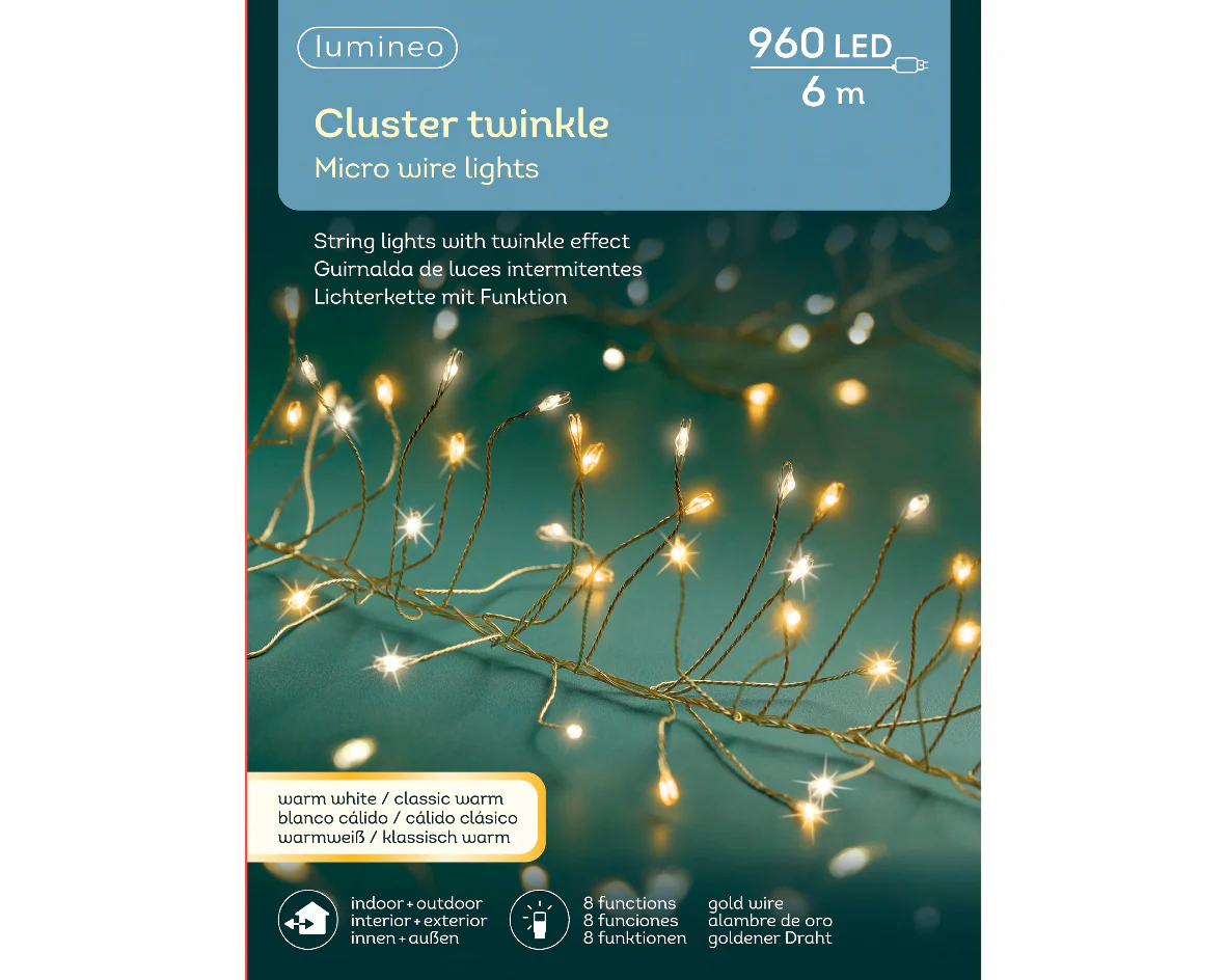 Warm White/Classic White Micro LED Cluster Twinkle Outdoor Lights with 6m Gold Cable - 960 LEDs - Image 3