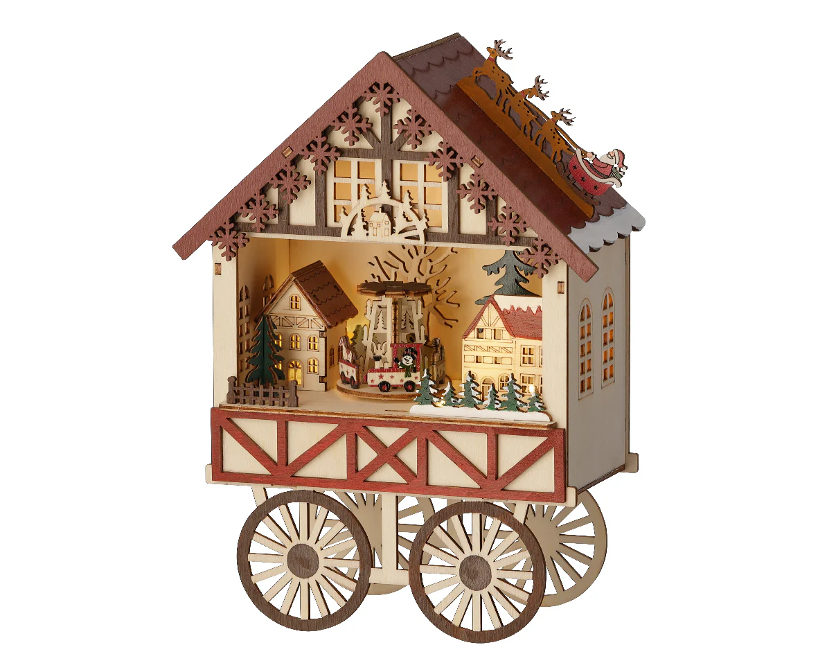 Wooden Warm White Light Up Christmas Market Stall Cart with Music & Motion - Battery Operated
