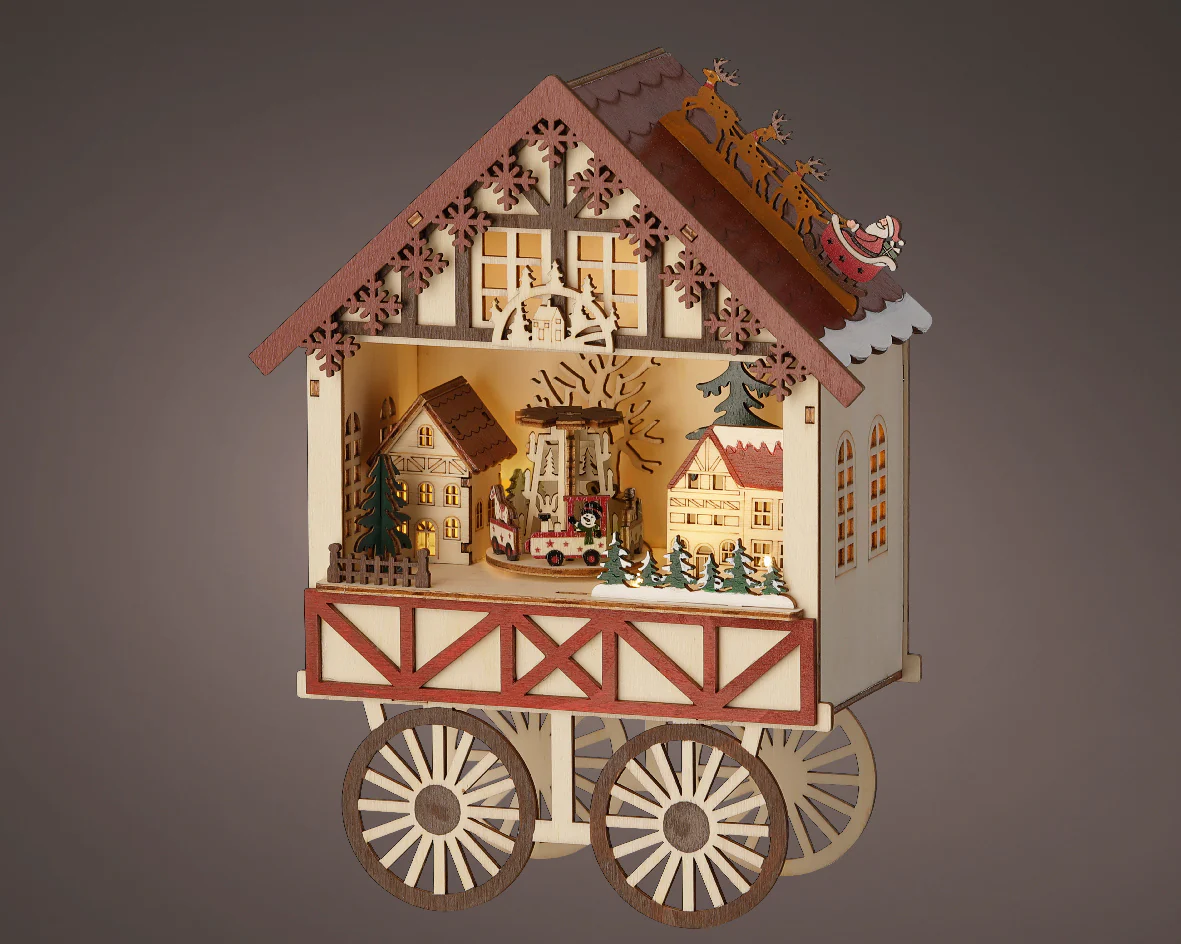 Wooden Warm White Light Up Christmas Market Stall Cart with Music & Motion - Battery Operated - Image 2