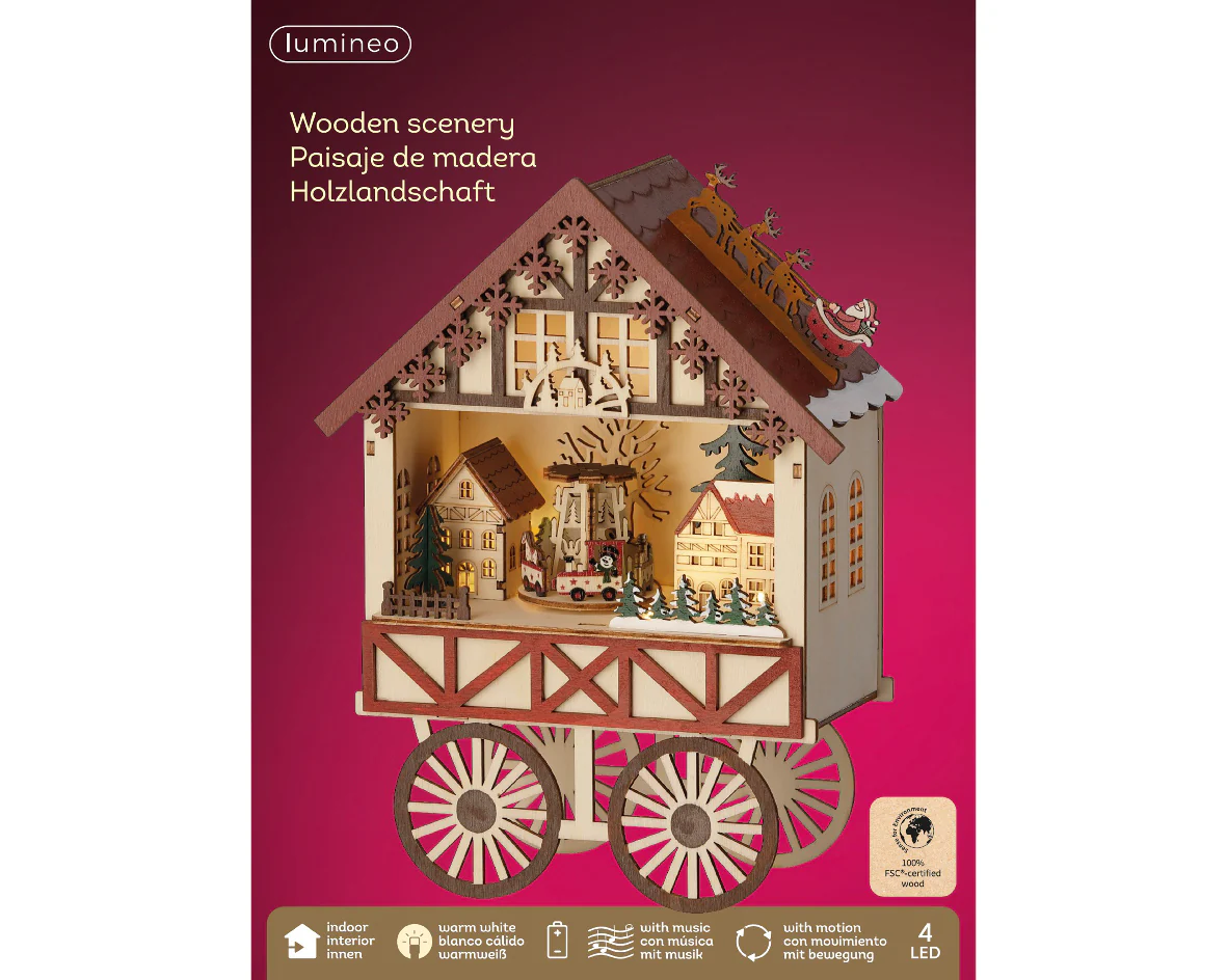 Wooden Warm White Light Up Christmas Market Stall Cart with Music & Motion - Battery Operated - Image 3