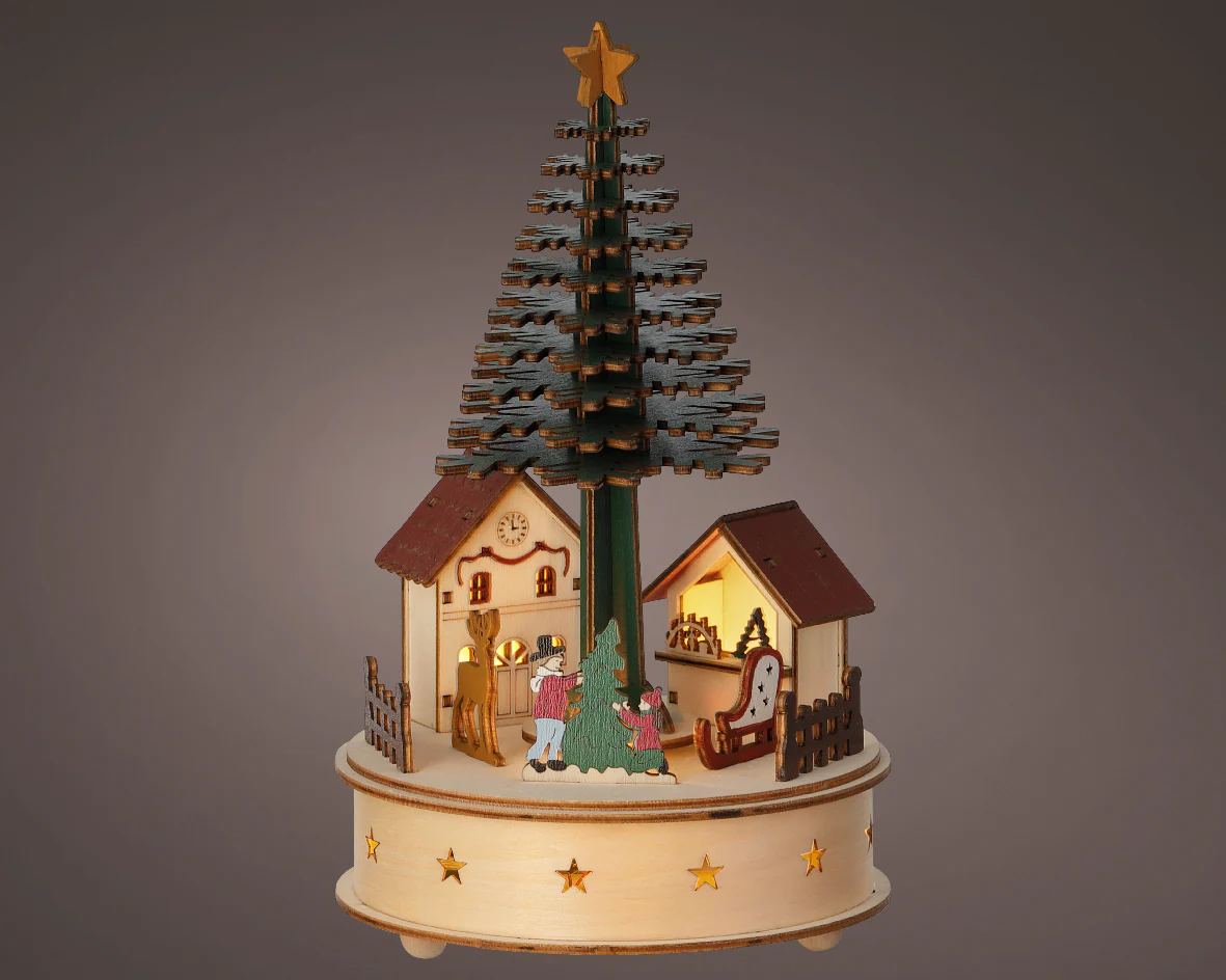 Wooden Warm White Light Up Christmas Tree Animated Scene with Music & Motion - Battery Operated