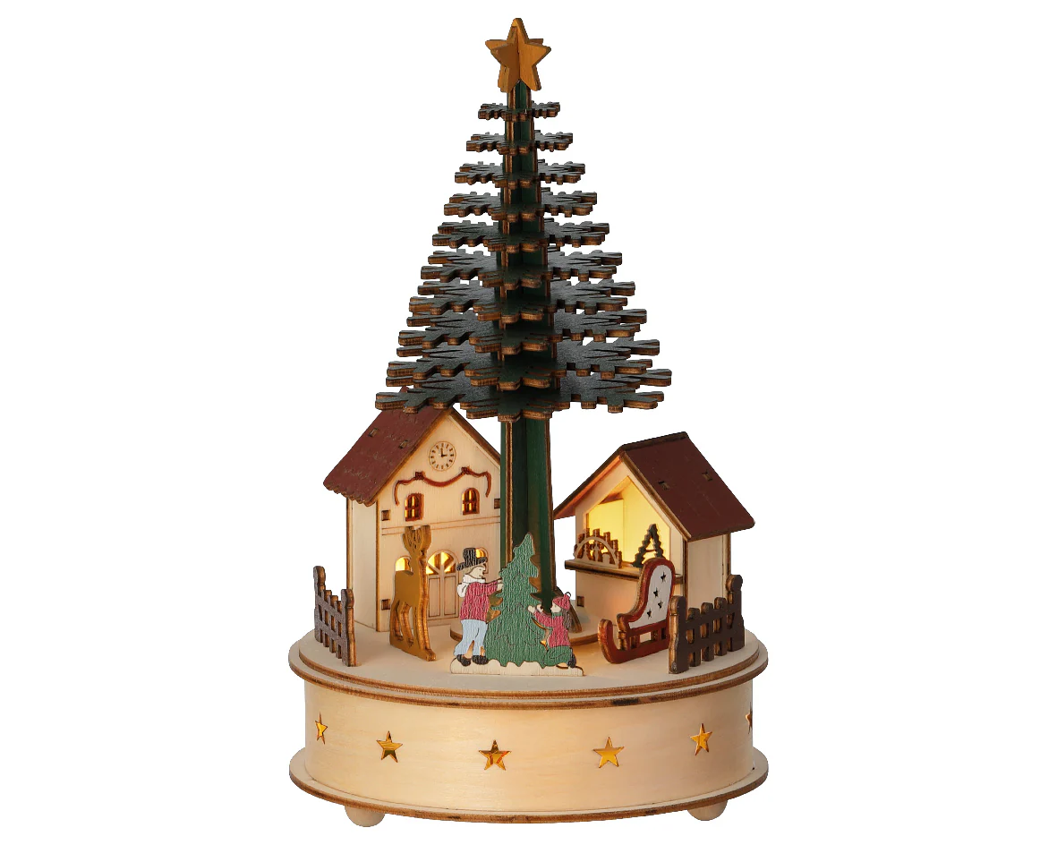 Wooden Warm White Light Up Christmas Tree Animated Scene with Music & Motion - Battery Operated - Image 2