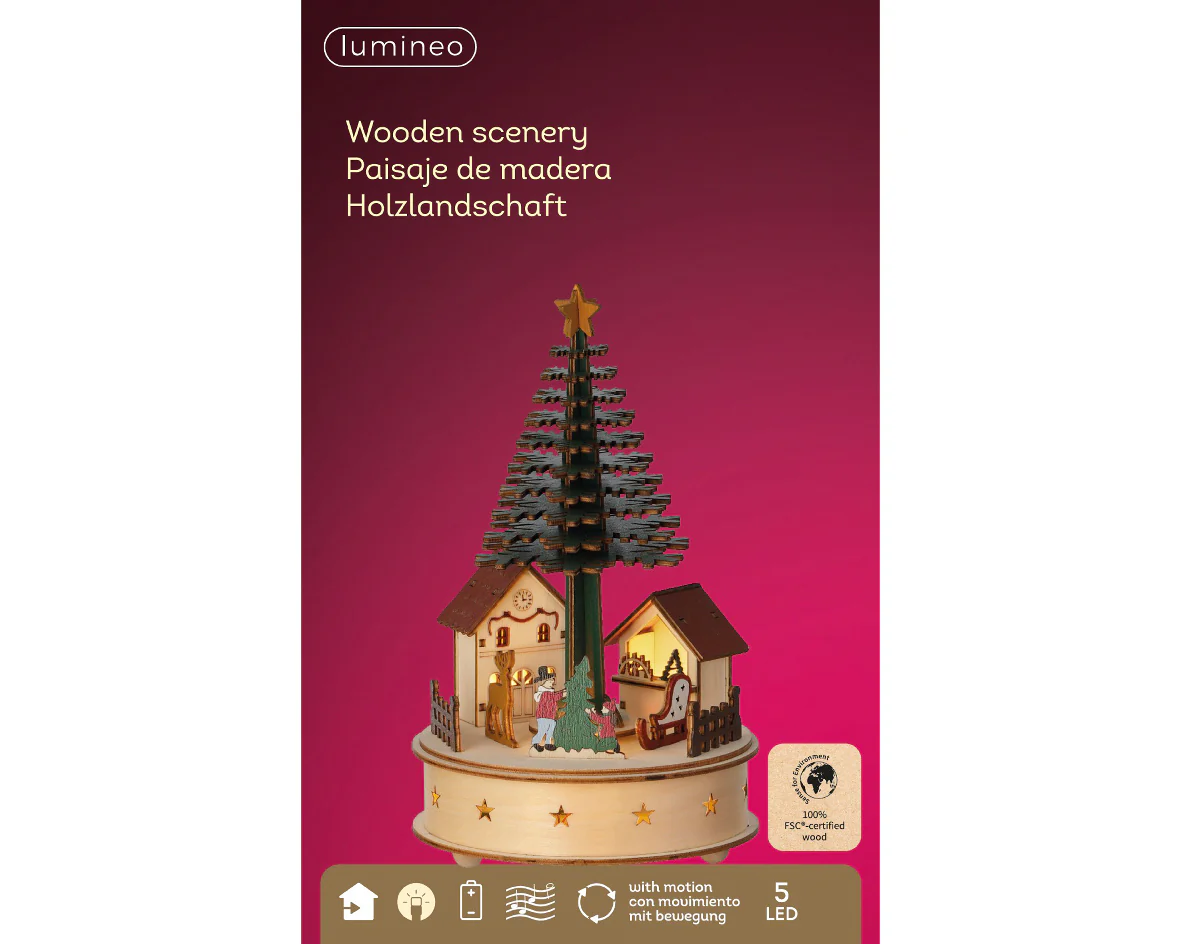 Wooden Warm White Light Up Christmas Tree Animated Scene with Music & Motion - Battery Operated - Image 3