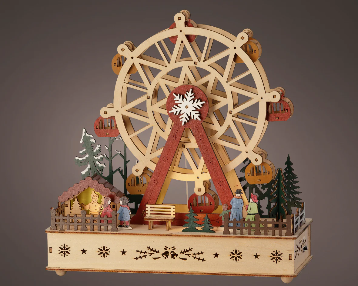 Wooden Warm White Light Up Animated Ferris Wheel with Music & Motion - Battery Operated